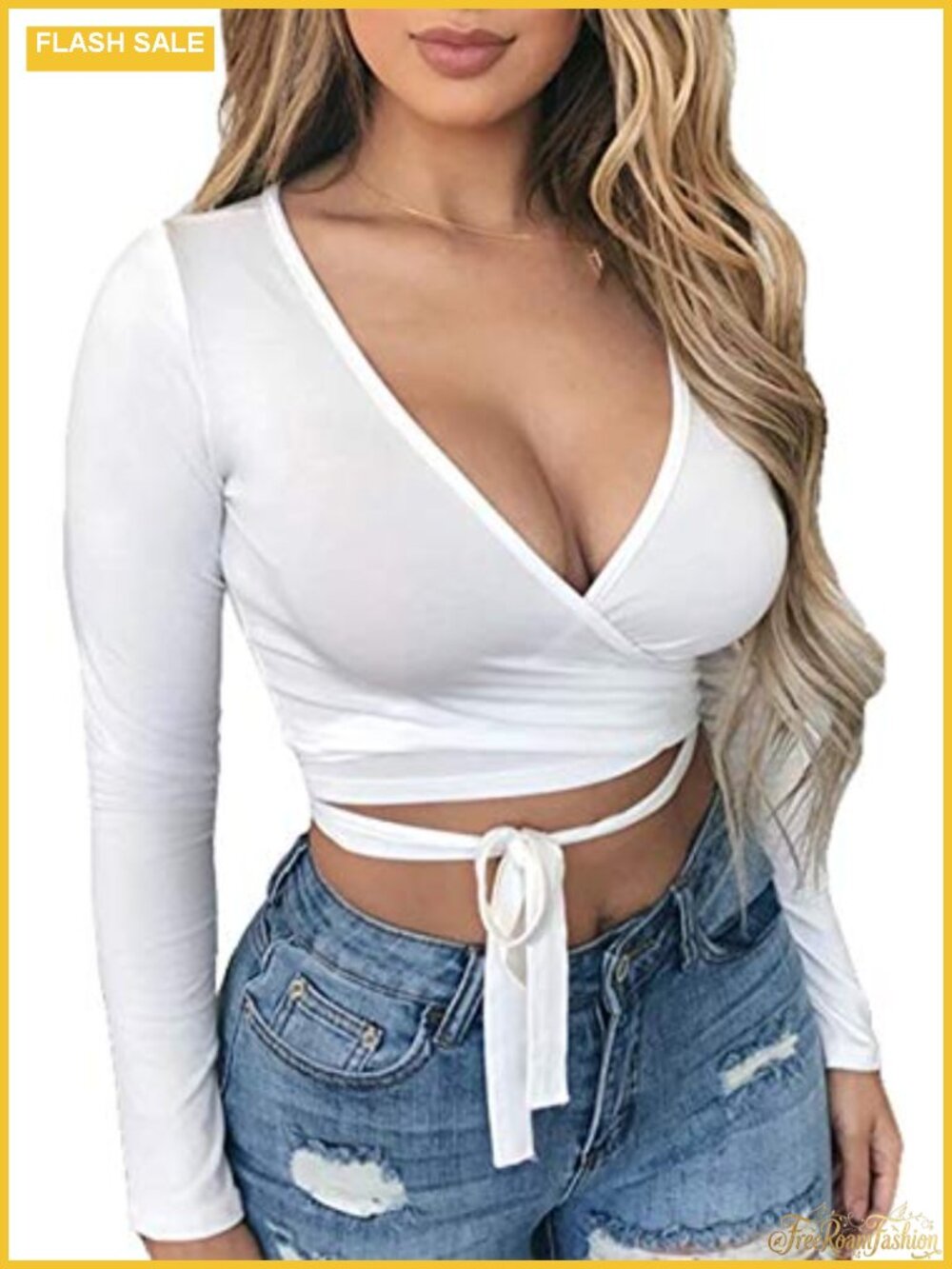 Women's Sexy Deep V Neck Crop Top Wrap Tie Long Sleeve Fitted Cotton